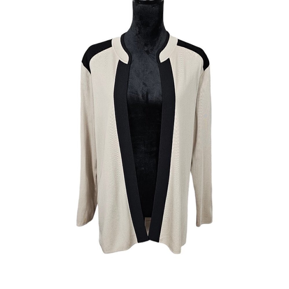 Misook Exclusively Vintage Knit Open Front Tan And Black Cardigan